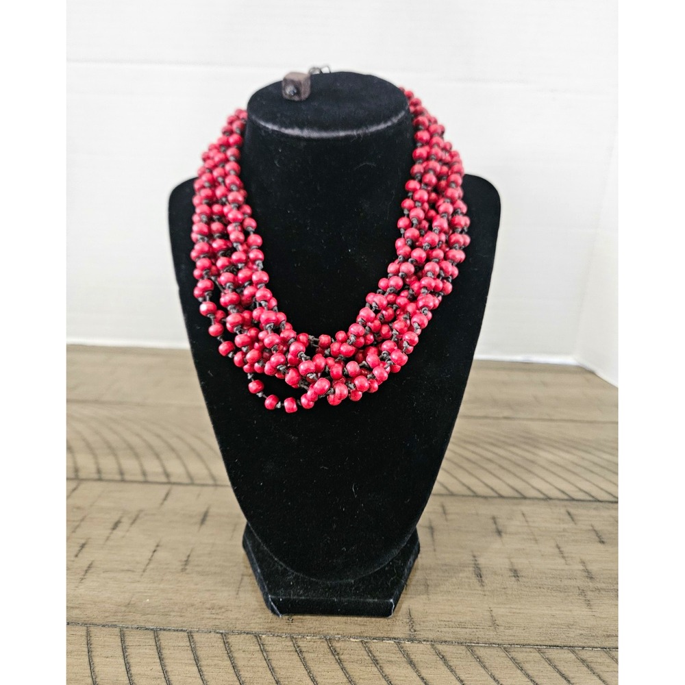 Artisan Red Wood Beaded Multi-Strand Statement Bib Necklace Boho Earthy Coastal